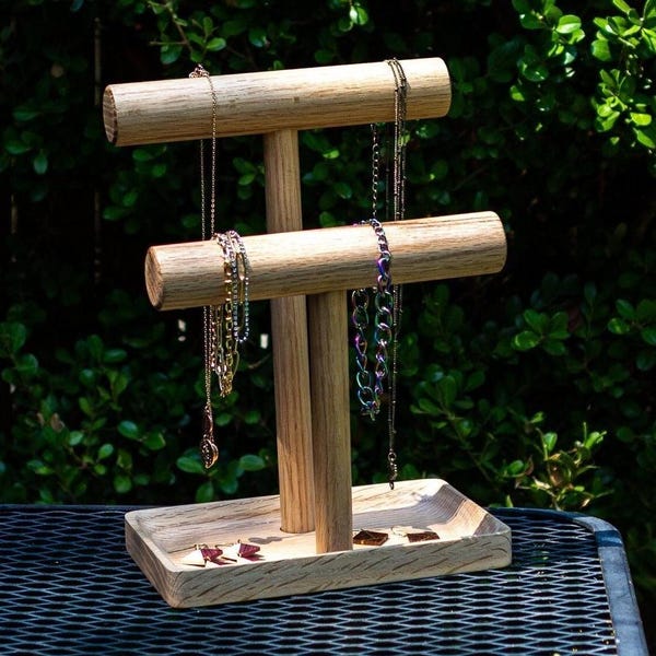 Oak Wood Jewelry Stand with Accessory Dish - Pick Your Color