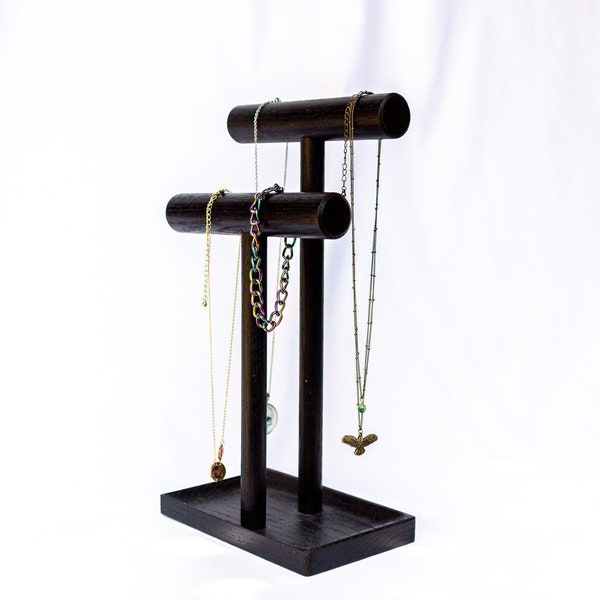 Tall Oak Wood Jewelry Stand. 6 Colors to Choose. Organize Necklaces, Bracelets and Watches. Dish Base Holds Rings, Earrings & Accessories
