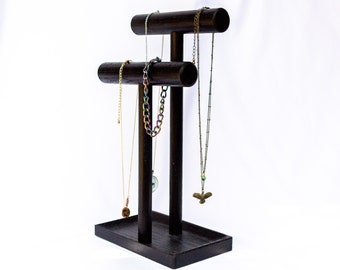 Tall Jewelry Stand. 6 Colors to Choose. Organize Necklaces, Bracelets and Watches. Dish Base Holds Rings, Earrings & Accessories. Solid Oak.