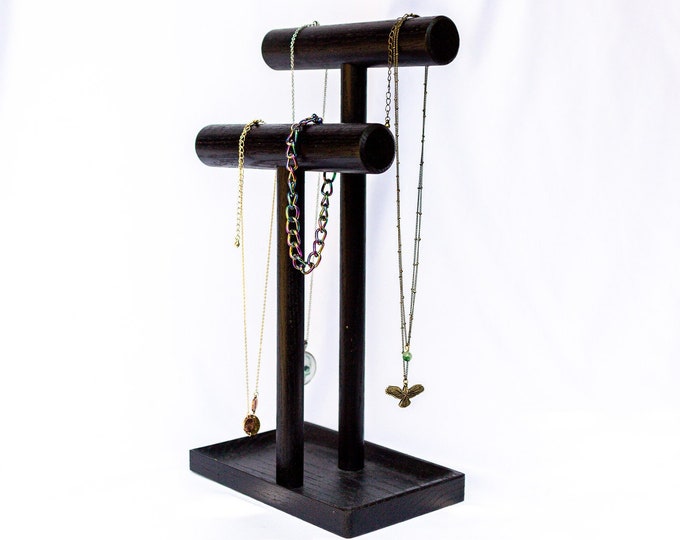 Tall Jewelry Stand. 6 Colors to Choose. Organize Necklaces, Bracelets and Watches. Dish Base Holds Rings, Earrings & Accessories. Solid Oak.