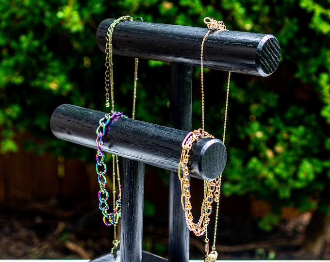 Sleek Black Oak Wood Jewelry Stand. Organize and Display Necklaces, Bracelets and Watches. Dish Base Holds Rings, Earrings. Bracelet Holder