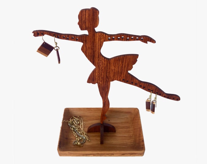 Ballerina Jewelry Stand, Earring Holder, Bracelet Organizer w Dish for Rings & Accessories. Handmade from Oak and Bubinga Woods. She Spins!