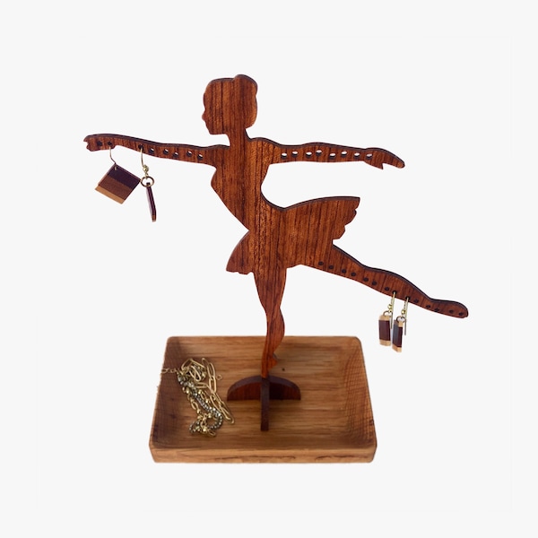 Ballerina Jewelry Stand, Earring Holder, Bracelet Organizer w Dish for Rings & Accessories. Handmade from Oak and Bubinga Woods. She Spins!