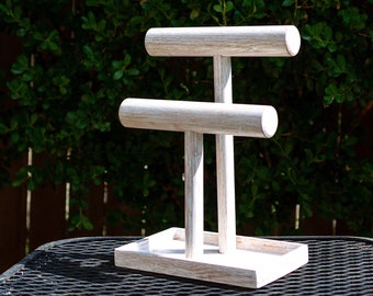 Oak Wood Jewelry Stand with Ring Dish. Handmade Bracelet Holder. Distressed Whitewashed Finish. For Necklaces Earrings Watches & Accessories