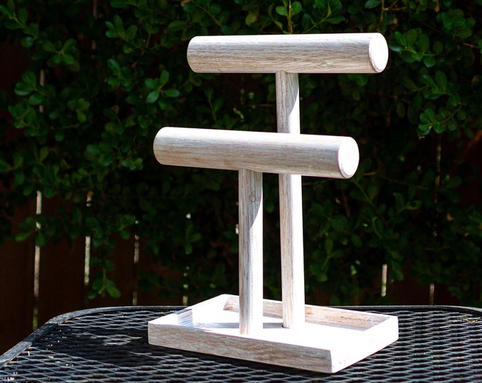Oak Wood Jewelry Stand with Ring Dish. Handmade Bracelet Holder. Distressed Whitewashed Finish. For Necklaces Earrings Watches & Accessories