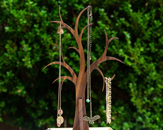 Elegant Tree Jewelry Stand. Holds Necklaces, Bracelets. Dish for Earrings & Rings. Handmade Organizer. Oak, Walnut or Padauk.