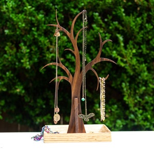 Elegant Tree Jewelry Stand. New options!  Holds Necklaces, Bracelets. Dish for Earrings & Rings. Handmade Organizer. Oak, Walnut or Padauk.