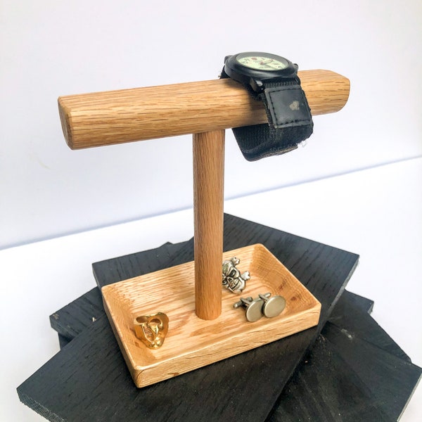 Oak Wood Watch Stand & Accessories Organizer. Pick Your Color! Holds up to 4 Timepieces. Dished Base for Cufflinks, Rings, Tie Tacks, etc