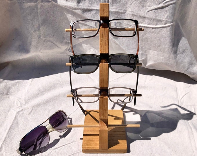Six colors! Eyewear Organizer holds four pair of sunglasses, eyeglasses. Contemporary & Modern Storage and Display. Handmade in Solid Oak.