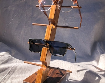 Limited Edition, Canary Wood & Walnut Eyewear Organizer Holds 4 Pair of Sunglasses, Eyeglasses or Readers. Contemporary Storage and Display
