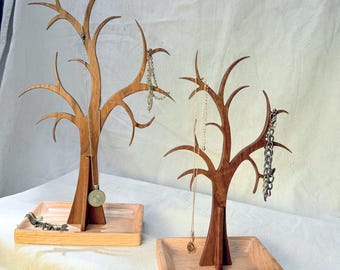 Elegant Tree Jewelry Stand. NEW Large Version. Holds Necklaces, Bracelets. Dish for Earrings & Rings. Handmade Organizer. Oak and Walnut.