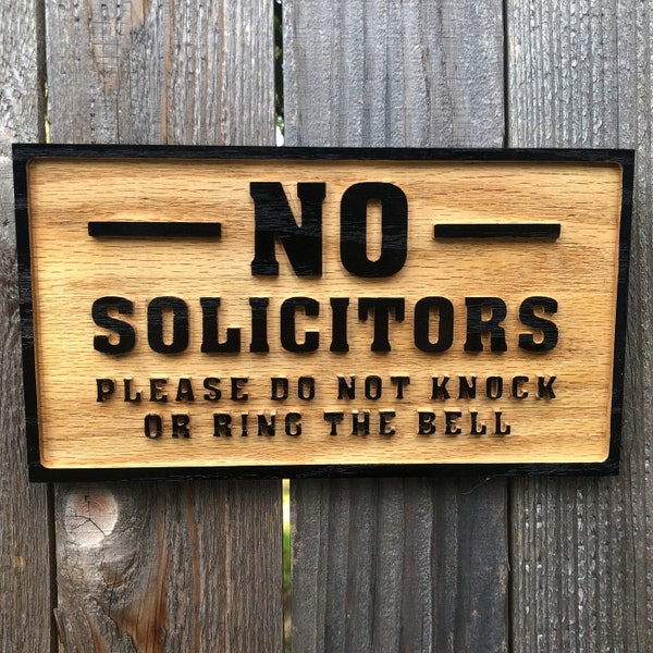 No Solicitors Sign. Handmade weather-resistant wood sign tells unwanted visitors not to knock or ring the bell. Hang on door or in vestibule