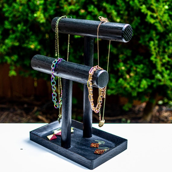 Sleek Black Oak Wood Jewelry Stand. Organize and Display Necklaces