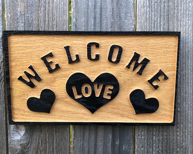 Welcome Sign in Three Styles for Your Front Door, Entryway or Porch: Heart (Love), Star, or Bird icon. Hand-crafted in Weather-Resistant Oak