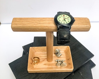Oak Wood Watch Stand & Accessories Organizer. Pick Your Color! Holds up to 4 Timepieces. Dished Base for Cufflinks, Rings, Tie Tacks, etc