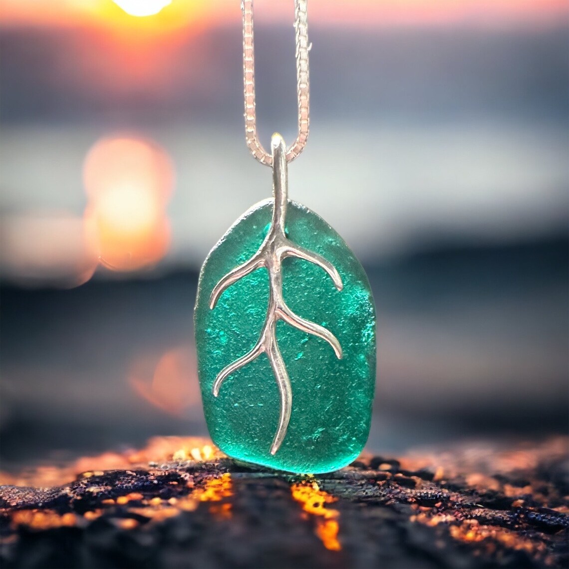 Sea Glass and Silver Coral Pendant