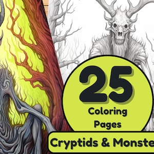 Cryptids and Monsters Coloring Pages | Scary Coloring Book | Horror Grayscale | Cryptozoology Creatures | Strange Folk Lore and Mythology