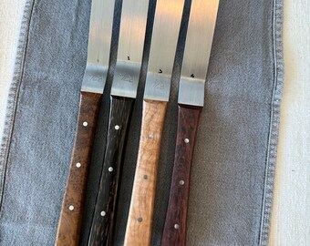 Titanium offset spatulas with teak burl,black palm, maple, and kingwood handles