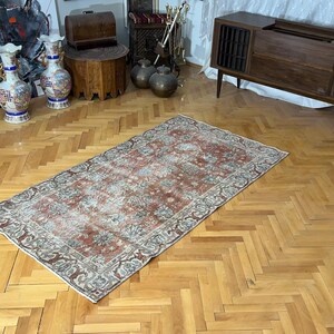 Vintage Turkish Rug, 3.4x6.56 ft, Low Pile Floral Design, Handwoven Wool, Red Terracotta Tones