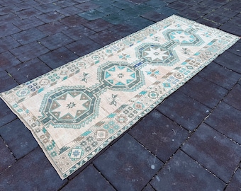 Vintage Turkish Runner Rug, Hand Knotted Wool Runner Rug, Boho Hallway Runner Rug, 4.92 x 12.79 ft Long Home Floor Runner Rug