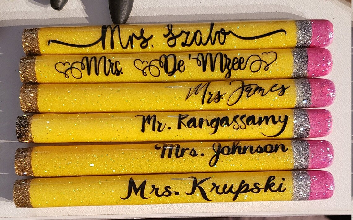 Glitter pen pencil design. Personalization available. Etsy