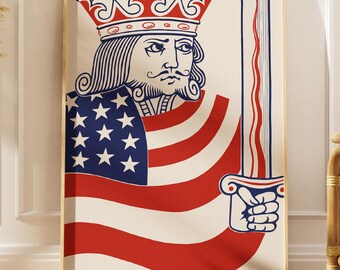 USA King Cards Poster, Vintage American Patriotic Wall Art Print, Retro Red Blue Decor