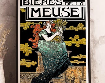 Vintage Bieres de la Meuse Advertisement Poster by Alphonse Mucha, bar cart decor