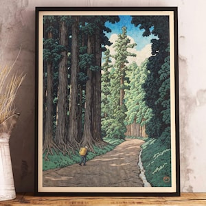 Vintage Japanese Forest Poster, Woodblock Art, Road to Nikko by Kawase Hasui, Japandi Decor, Botanical Wall Art