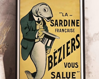 French Sardine Poster Béziers: La sardine française, Bar Decor, Kitchen Art