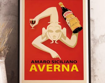 Amaro Siciliano Averna Vintage Food&Drink Poster, Bar Decor, Italian Drink, Restaurant Print
