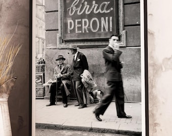 Men in a Street of Napoli Poster, Birra Peroni Italy Black & White Print, Bar Decor