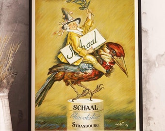 Schaal Chocolatier Faivre Vintage Food Poster - Bar Decor - French chocolate - Wizard Riding Bird