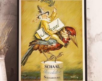 Schaal Chocolatier Faivre DIGITAL Vintage Food Poster - Bar Decor - French chocolate - Wizard Riding Bird