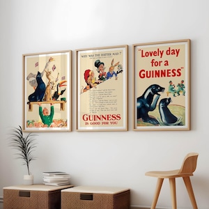 Guinness Set de 3 carteles digitales - Descarga de langosta Guinness - Lienzo vintage - cartel retro imprimible - fondo de pantalla de café - decoración de la habitación