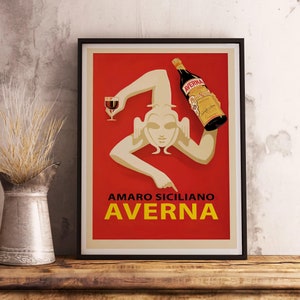 Póster vintage de comida y bebida de Amaro Siciliano Averna - Decoración de bar - Bebida italiana - Póster vintage de restaurante - Decoración de pared