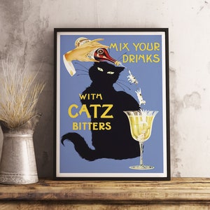 Mixen Sie Ihre Getränke Vintage Food & Drink Poster - Cats Bitters - Schwarze Katze Poster - Bar Dekor - Spirituosen druckbare Kunst - Wohndekor - Wandkunst