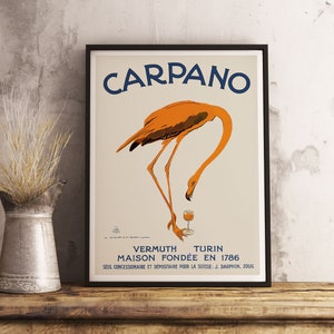Póster vintage de comida y bebida de Carpano Flamingo - Póster de flamenco - Póster imprimible retro - Papel pintado para cafetería - Decoración de bar - Póster de cócteles antiguos