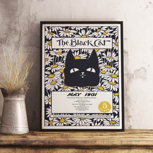 Vintage Black Cat Poster: Chamomile Flowers, Bar Decor, Home Decor