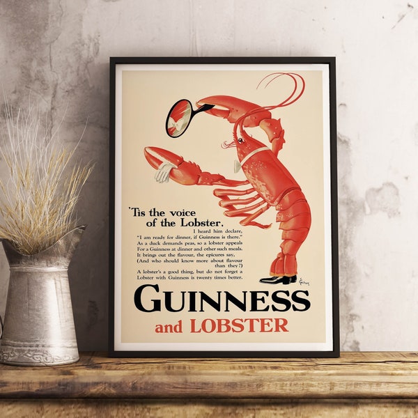 Guinness Poster - Guinness Lobster Poster - Vintage canvas - retro printable poster - cafe wallpaper - room decor - antique cocktail poster