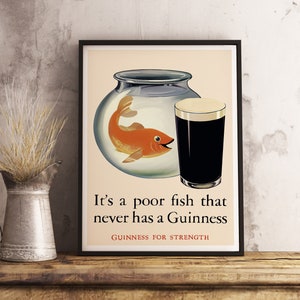 Póster de pez pobre de Guinness - Lienzo vintage - Póster imprimible retro - Papel pintado de cafetería - Decoración de habitación - Póster antiguo - Impresión de arte de pared