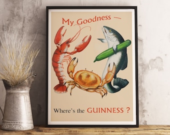 Guinness & Seafood Vintage Poster: Retro Bar Decor Print