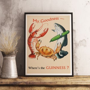Póster vintage de comida y bebida Guinness and Lobster - decoración de bar - póster imprimible retro - papel tapiz de cafetería - decoración de habitación - póster antiguo