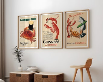 Juego de 3 pósteres de langosta Guinness: Decoración vintage para bar (descarga digital, 28 x 35 cm - 61 x 91 cm)