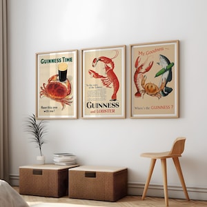 Guinness Set de 3 carteles digitales - Descarga de langosta Guinness - Lienzo vintage - cartel retro imprimible - fondo de pantalla de café - decoración de la habitación
