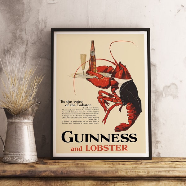 Guinness and Lobster Poster - Vintage canvas - retro printable poster - cafe wallpaper - room decor - antique poster - wall art print - bar