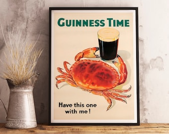 Póster vintage de Guinness y cangrejo: Arte mural de cafetería retro (descarga digital)