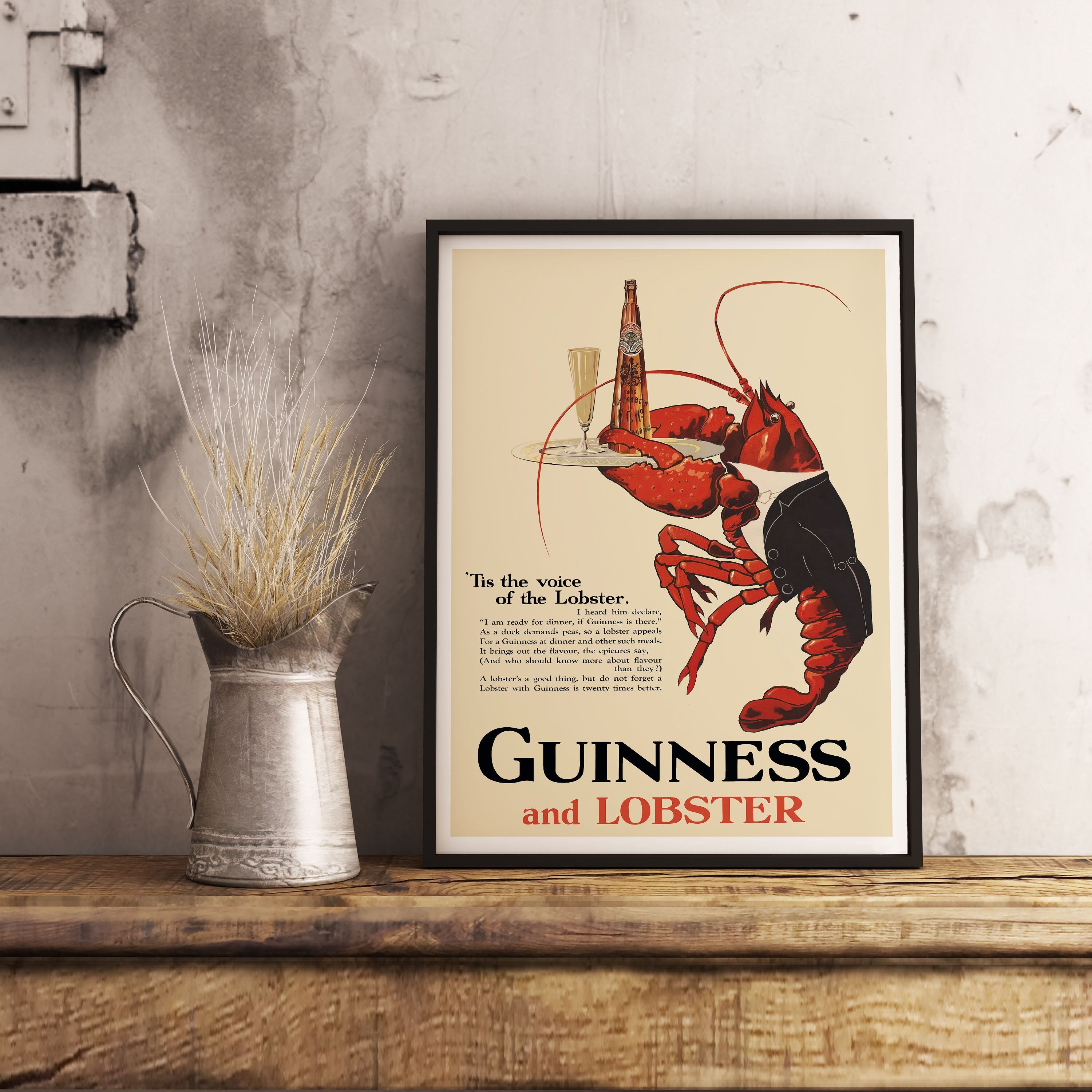 Plakat z Guinnessem i homarem, wystrój pubu, retro drukowana grafika ścienna do kawiarni, krab piwny