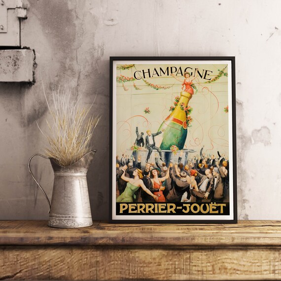 Champagne Perrier Jouet Vintage France Poster,  Bar Decor, Alcohol Advertising Art