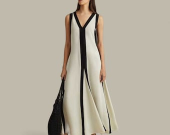 Vestido largo con diseño colour block en blanco y negro