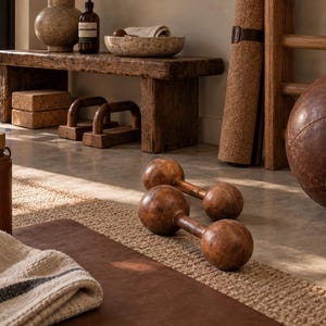 Può includere: Una collezione di attrezzature per il fitness che include due manubri rotondi in legno, una palla medica rivestita in pelle marrone, un tappetino da yoga in sughero, due blocchi da yoga in sughero, maniglie per flessioni in legno, una borraccia e una ciotola.